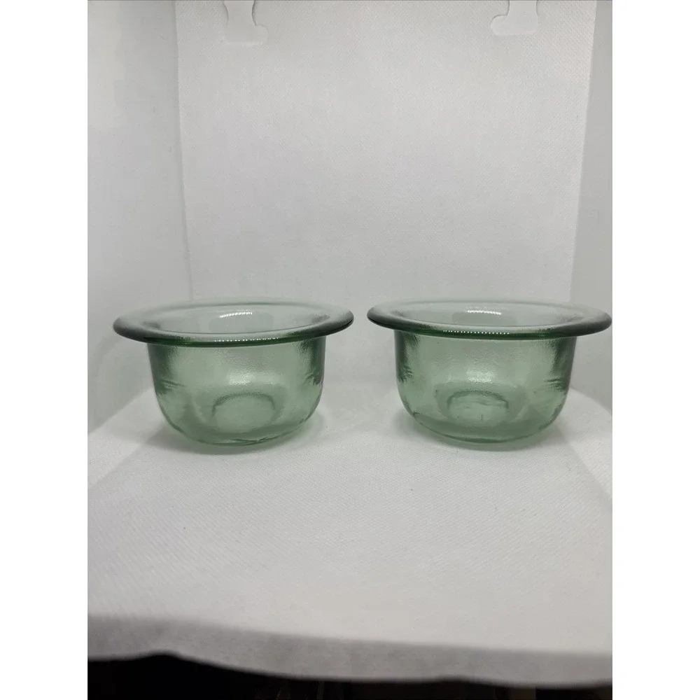 Set of 2 Recycled Spanish Art Glass Green Votive Holders Trinket Dishes‎